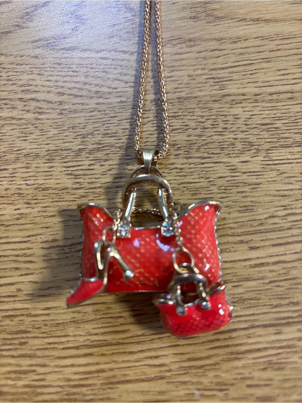 Betsey Johnson Gold-Tone Necklace with Bright Pink Bag Charms - Picture 6 of 6